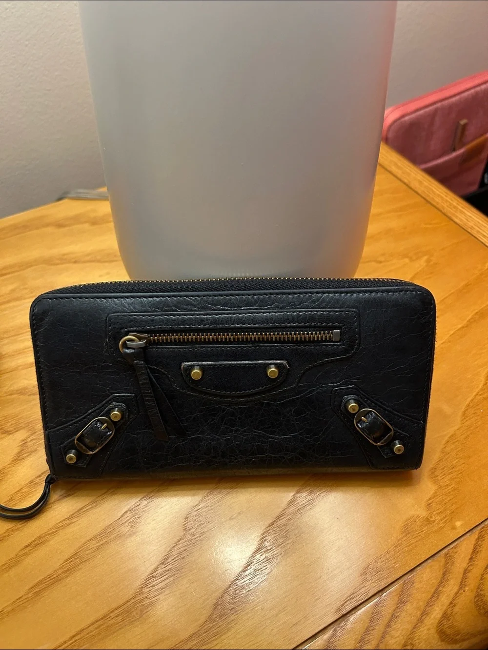 Balenciaga Black Leather Zip-Around Wallet with Gold Hardware